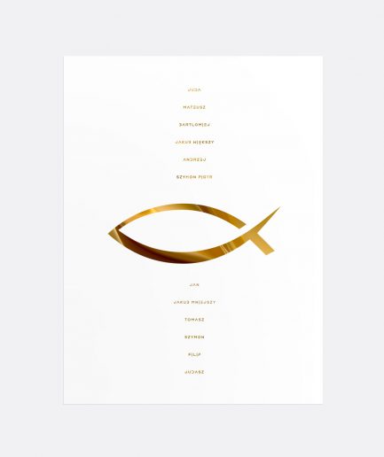 Złoty plakat Ryba - symbol Jezusa i Apostołowie - Jezuswdomu.pl